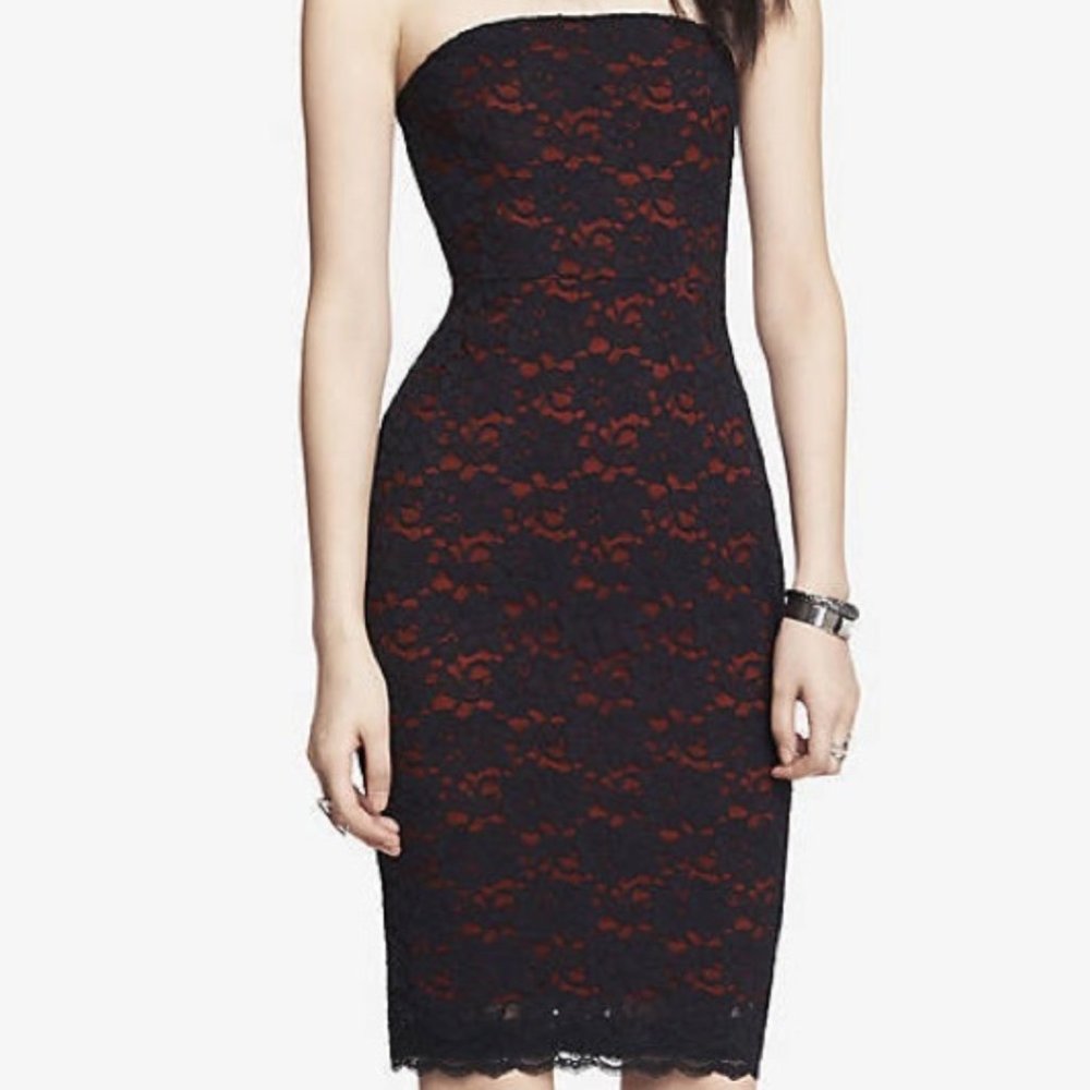 Express Strapless Red & Black Lace Dress